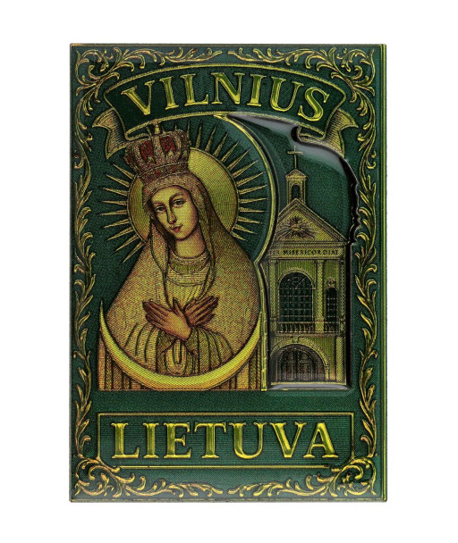 Žalias magnetas su Vilniaus Aušros vartų Švč Mergele Marija